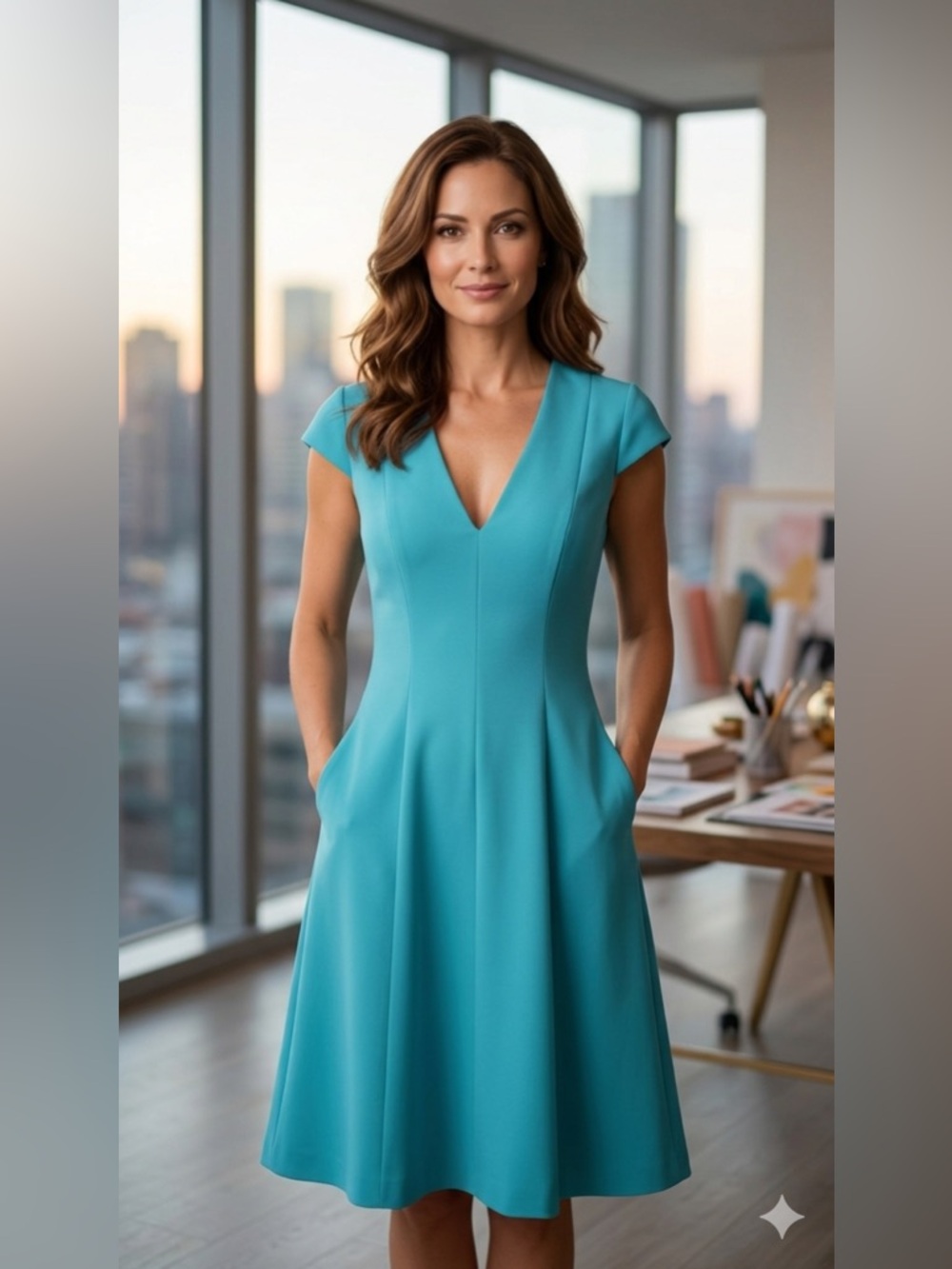 Black Halo Teal Fit & Flare Dress V Neck Cap Sleeve Size 8 USA